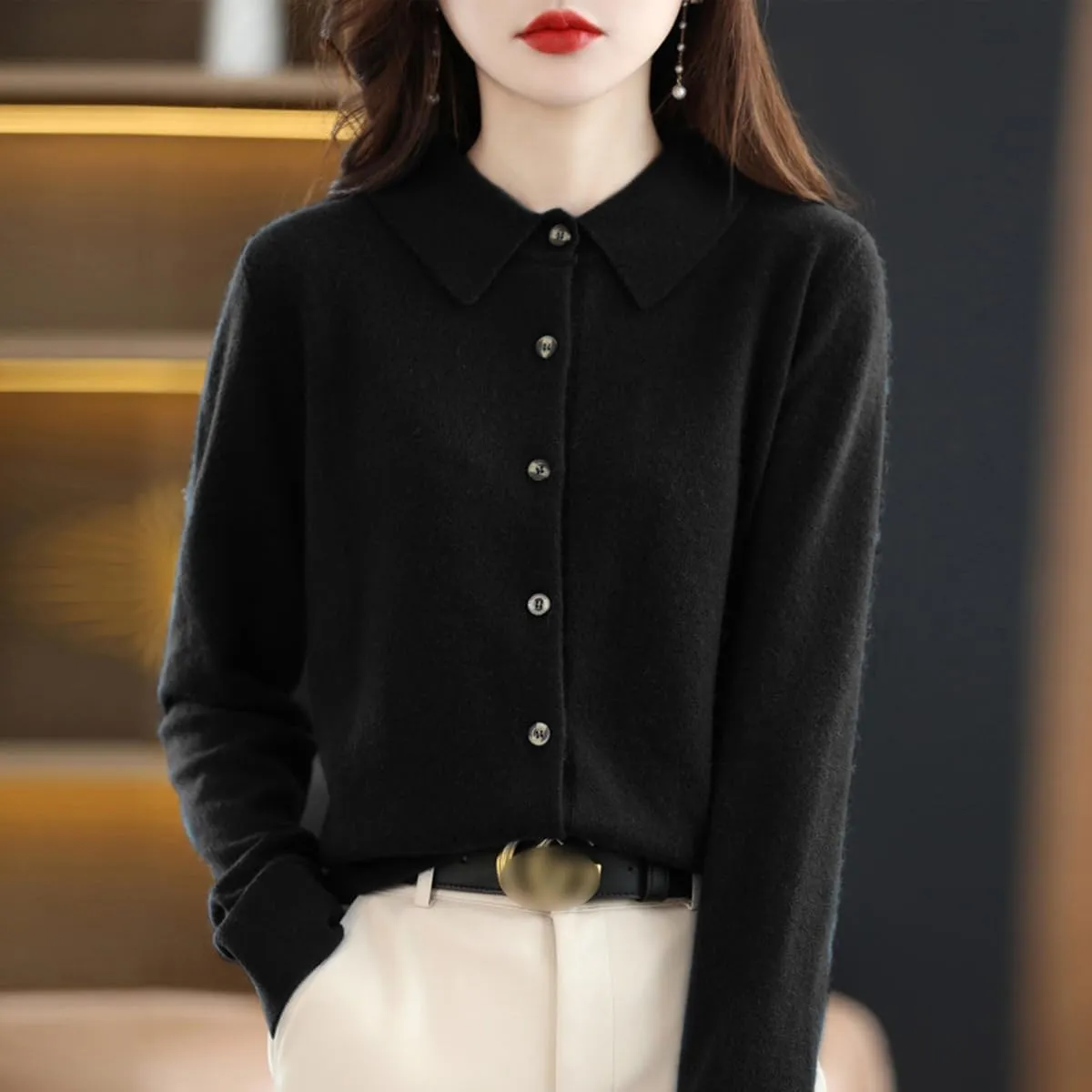 Cardigan Sweaters for Women 100% Wool Polo Neck Open Front Long Sleeve Button