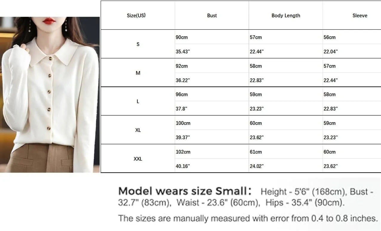Cardigan Sweaters for Women 100% Wool Polo Neck Open Front Long Sleeve Button