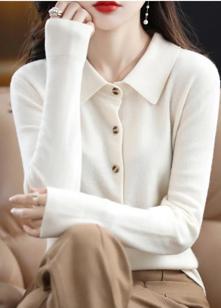 Cardigan Sweaters for Women 100% Wool Polo Neck Open Front Long Sleeve Button