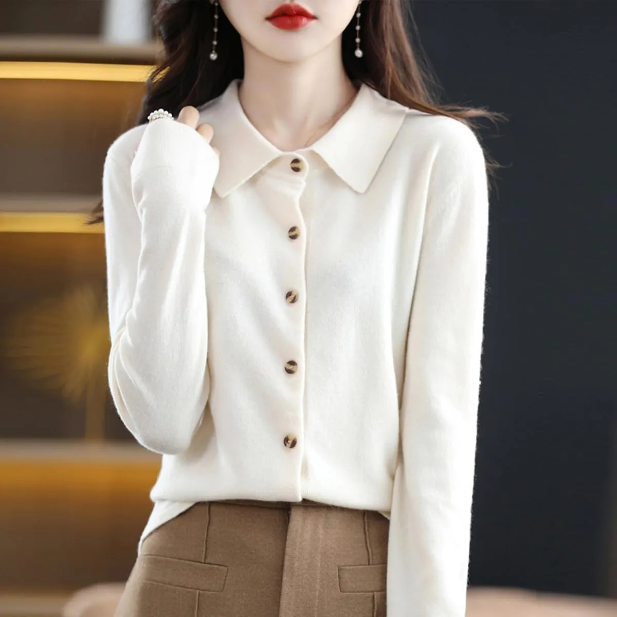 Cardigan Sweaters for Women 100% Wool Polo Neck Open Front Long Sleeve Button