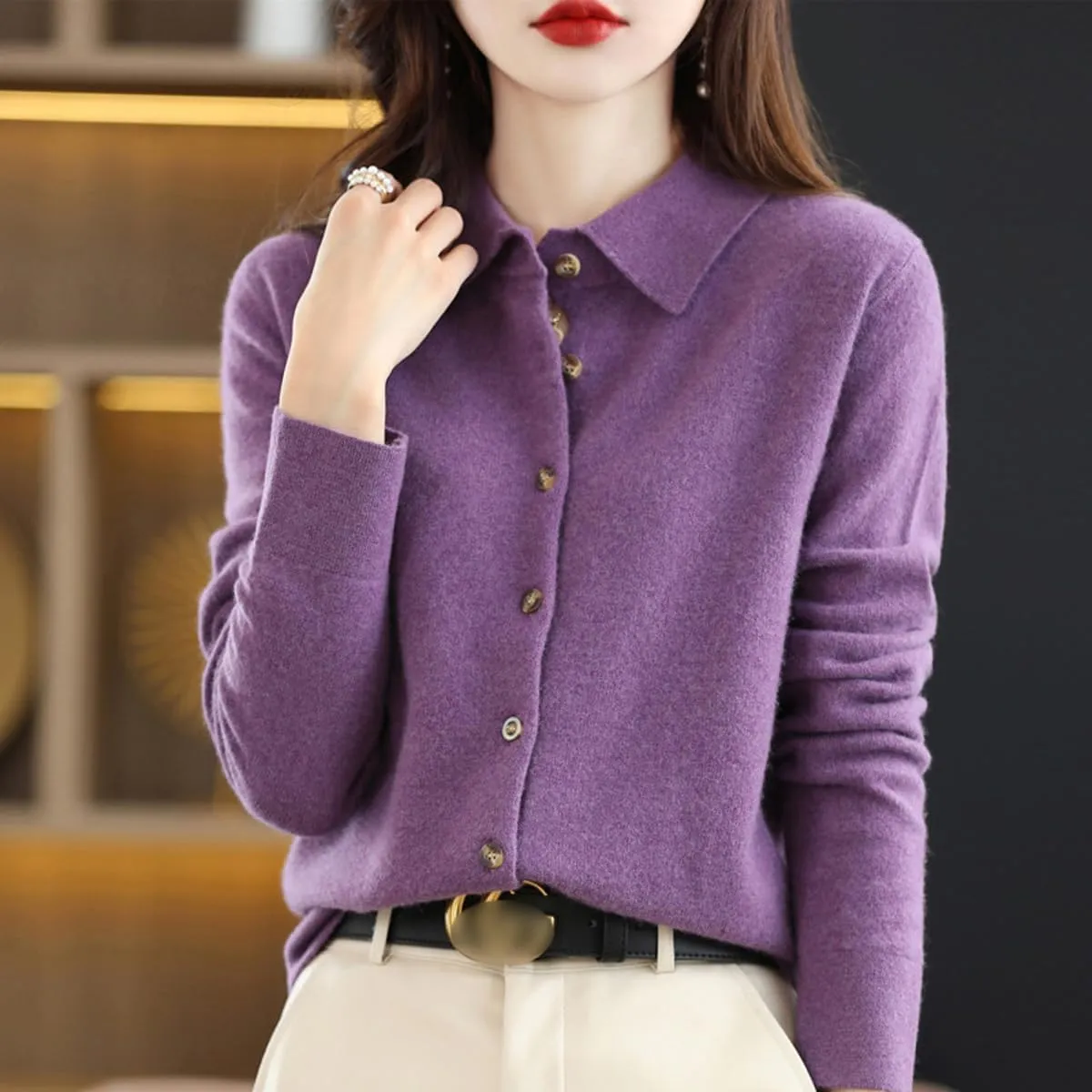 Cardigan Sweaters for Women 100% Wool Polo Neck Open Front Long Sleeve Button