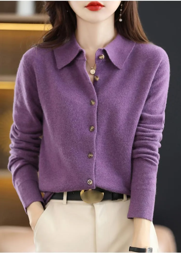 Cardigan Sweaters for Women 100% Wool Polo Neck Open Front Long Sleeve Button