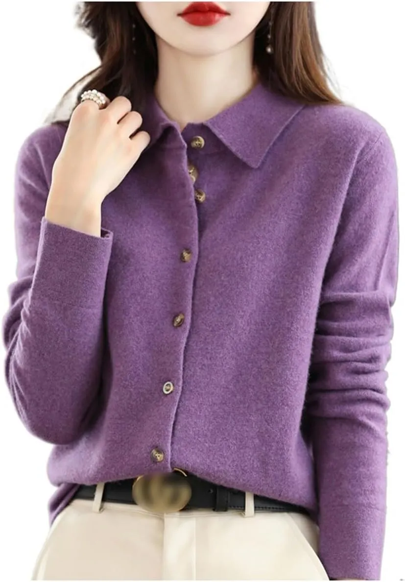Cardigan Sweaters for Women 100% Wool Polo Neck Open Front Long Sleeve Button