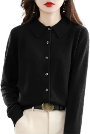 Cardigan Sweaters for Women 100% Wool Polo Neck Open Front Long Sleeve Button