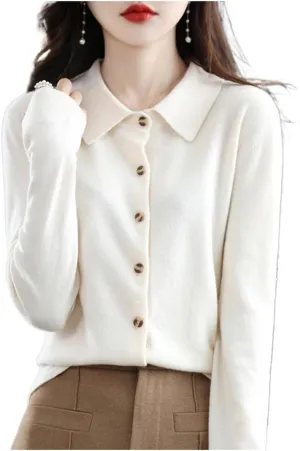 Cardigan Sweaters for Women 100% Wool Polo Neck Open Front Long Sleeve Button