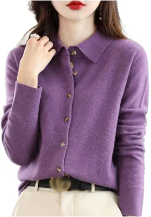 Cardigan Sweaters for Women 100% Wool Polo Neck Open Front Long Sleeve Button