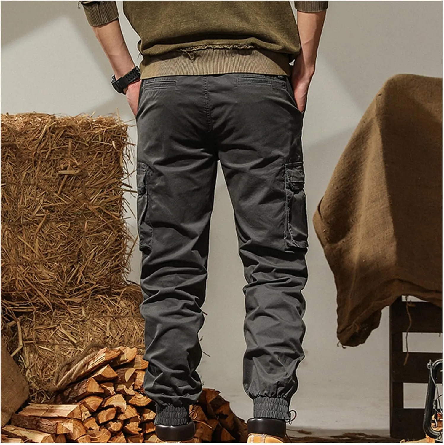 Cargo Pants for Men Stretch Casual Athletic Cotton Tactical Pants Loose Fit Sweatpants Outdoor Joggers Hiking Pants