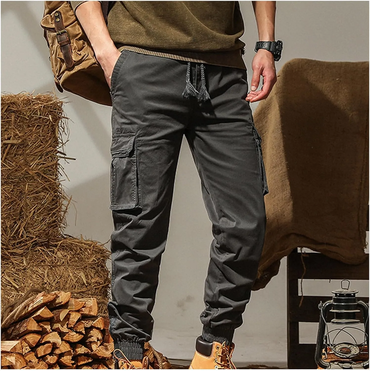 Cargo Pants for Men Stretch Casual Athletic Cotton Tactical Pants Loose Fit Sweatpants Outdoor Joggers Hiking Pants