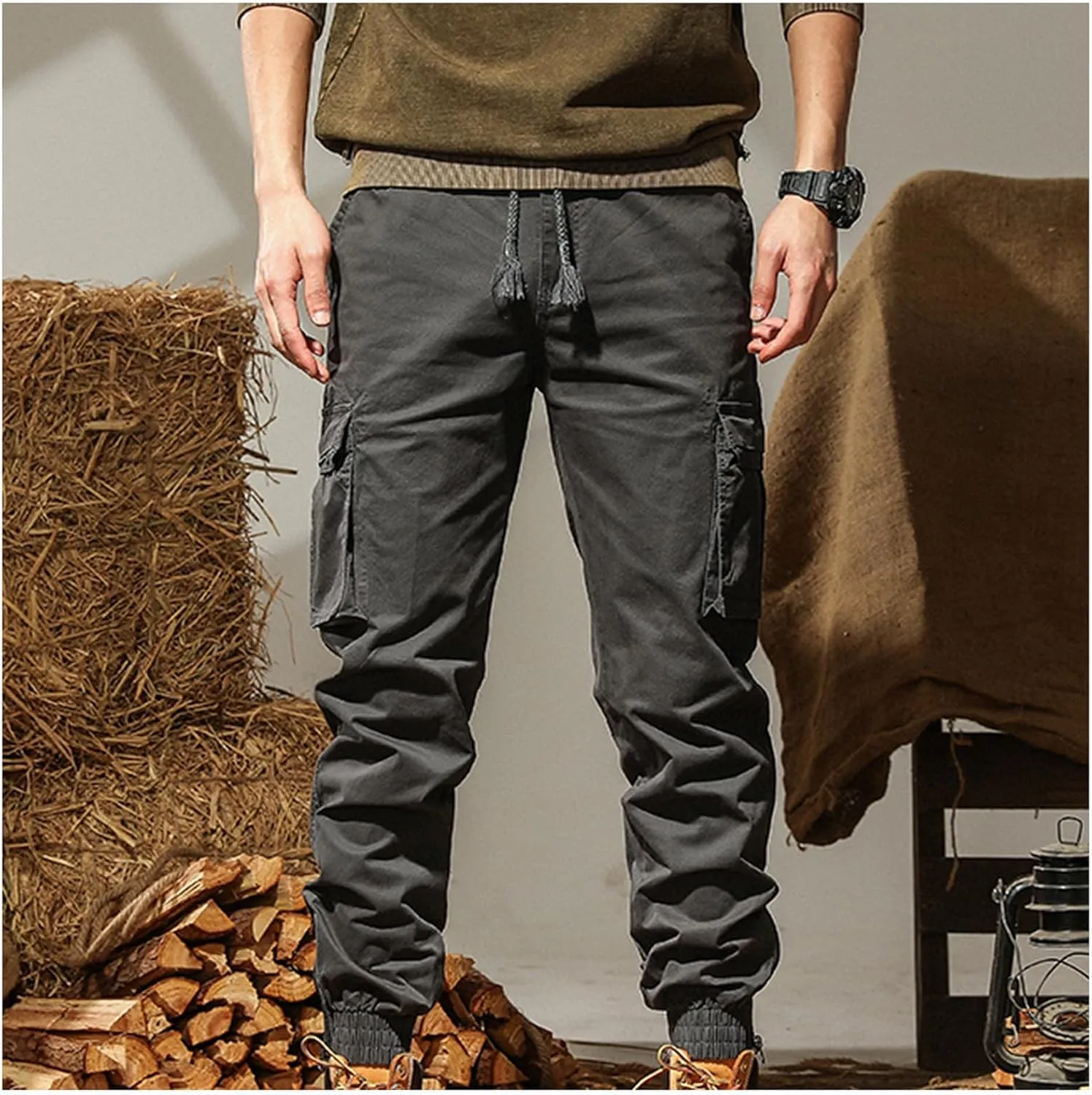 Cargo Pants for Men Stretch Casual Athletic Cotton Tactical Pants Loose Fit Sweatpants Outdoor Joggers Hiking Pants