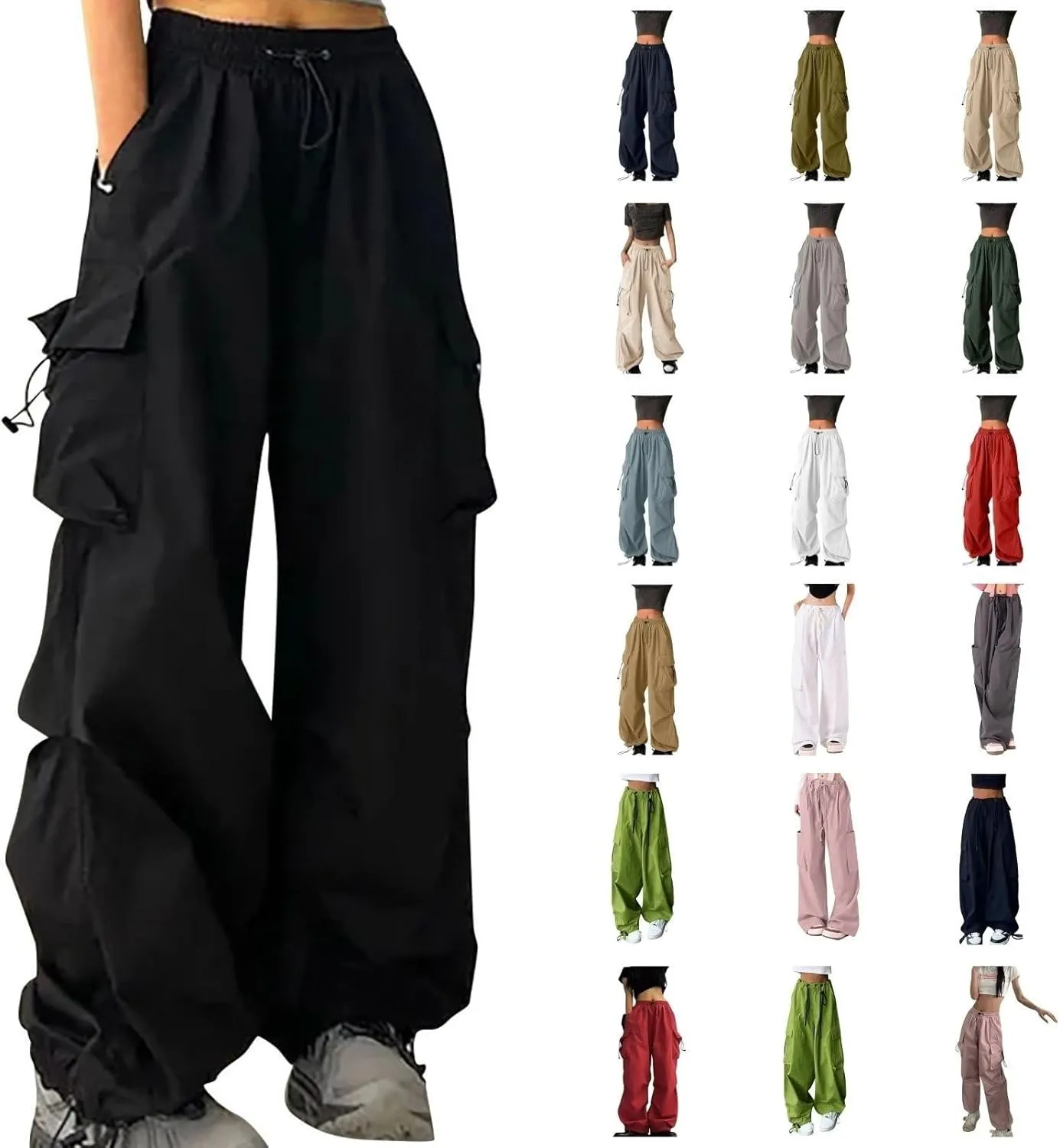 Cargo Pants Women High Waist Baggy Casual Solid Parachute Trousers Summer Loose Fit Y2K Streetwear with Multi Pockets