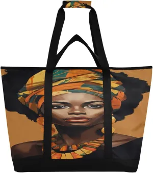 Cartoon African Woman Tote Bag for Women with Zipper Reusable Grocery Bags Foldable Insulated Cooler Bag Shopping Bags Totes Handbags for Groceries Beach Picnic Travel Work