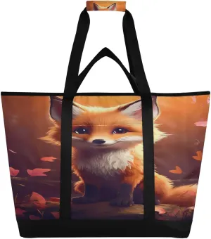 Cartoon Fox Tote Bag for Women with Zipper Reusable Grocery Bags Foldable Insulated Cooler Bag Handbags Shopping Bags Totes for Groceries Travel Beach Work Picnic