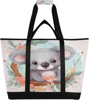 Cartoon Koala Tote Bag for Women with Zipper Reusable Grocery Bags Foldable Insulated Cooler Bag Totes Handbags Shopping Bags for Groceries Beach Travel Picnic Work