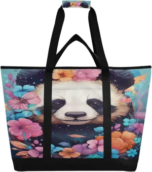 Cartoon Panda Bear Tote Bag for Women with Zipper Reusable Grocery Bags Foldable Insulated Cooler Bag Totes Handbags Shopping Bags for Groceries Beach Travel Work Picnic