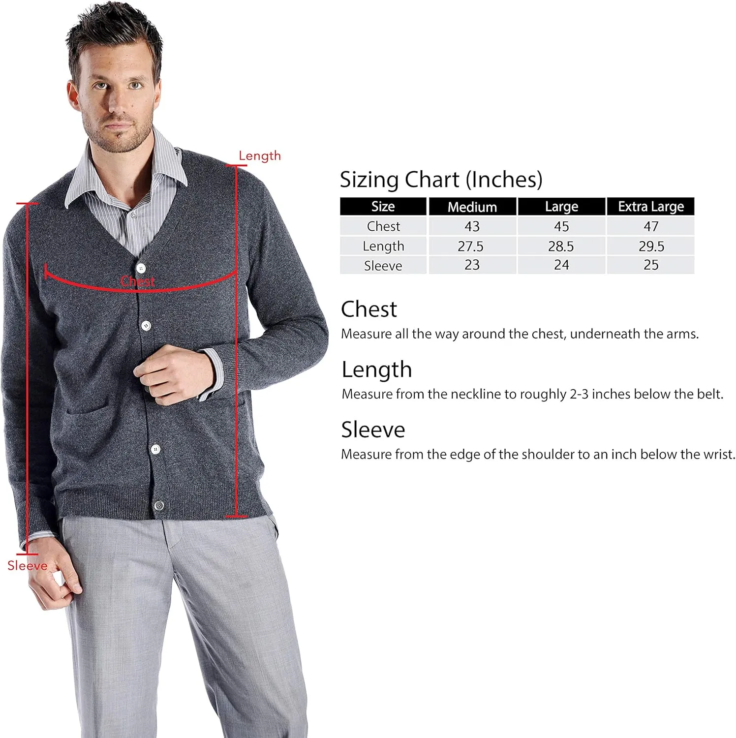 Cashmere Boutique Men's 100% Pure Cashmere Front Button Long Sleeve Cardigan Sweater