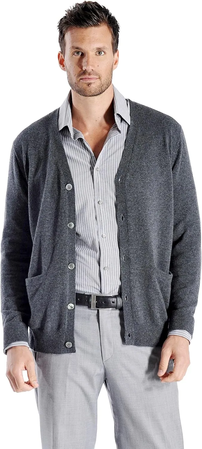 Cashmere Boutique Men's 100% Pure Cashmere Front Button Long Sleeve Cardigan Sweater