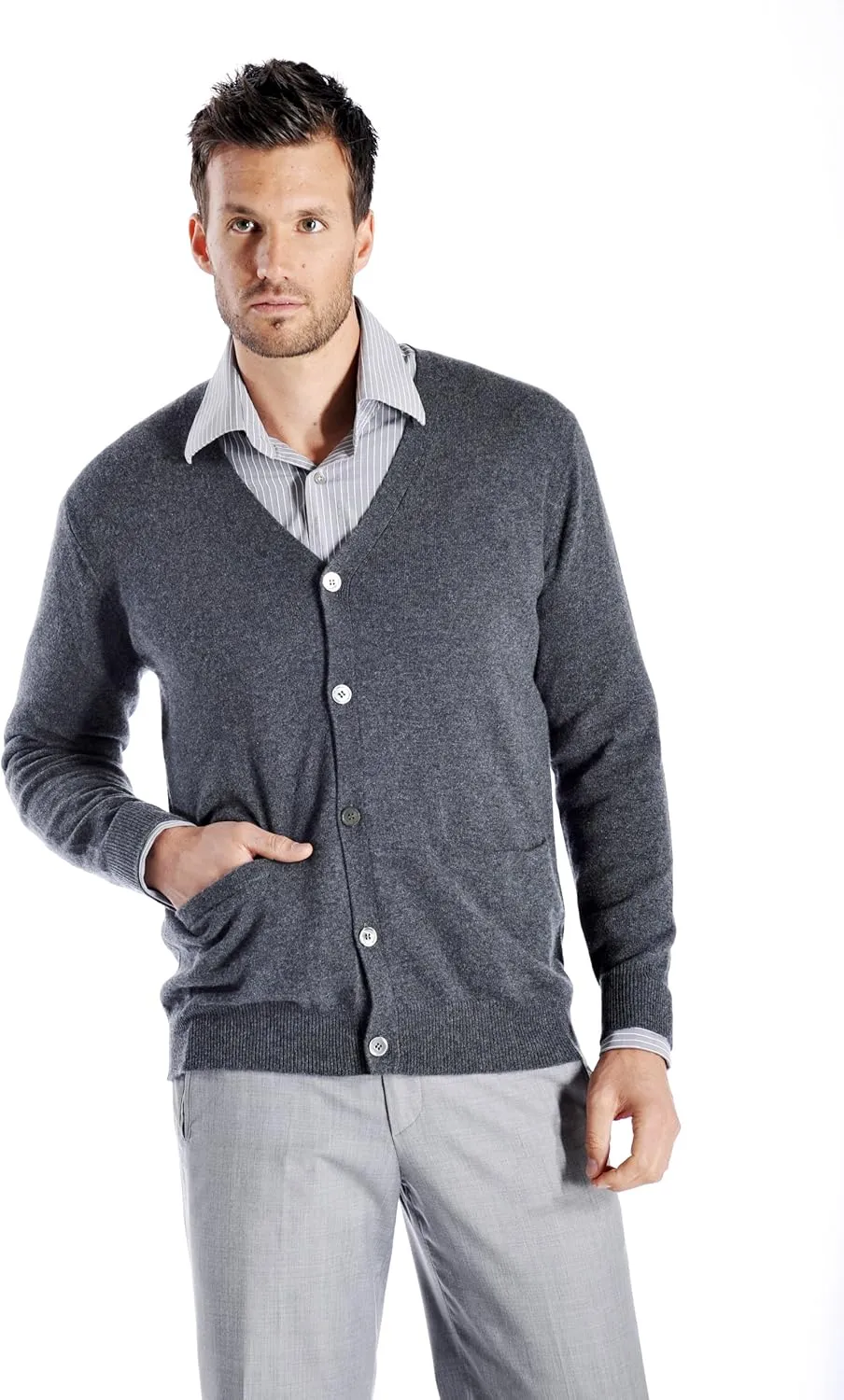 Cashmere Boutique Men's 100% Pure Cashmere Front Button Long Sleeve Cardigan Sweater