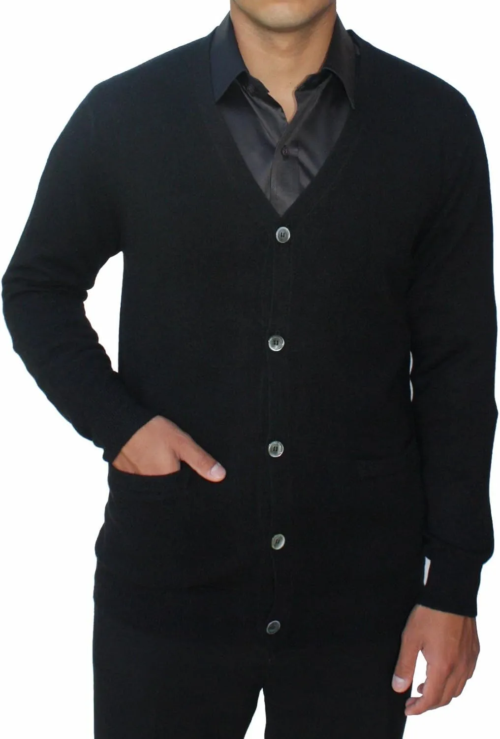 Cashmere Boutique Men's 100% Pure Cashmere Front Button Long Sleeve Cardigan Sweater