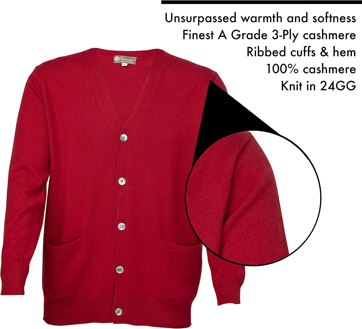 Cashmere Boutique Men's 100% Pure Cashmere Front Button Long Sleeve Cardigan Sweater