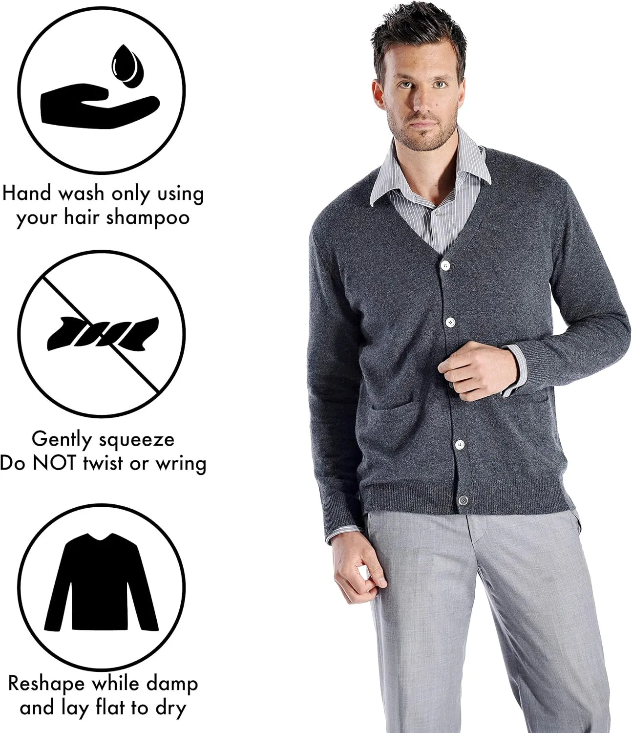 Cashmere Boutique Men's 100% Pure Cashmere Front Button Long Sleeve Cardigan Sweater