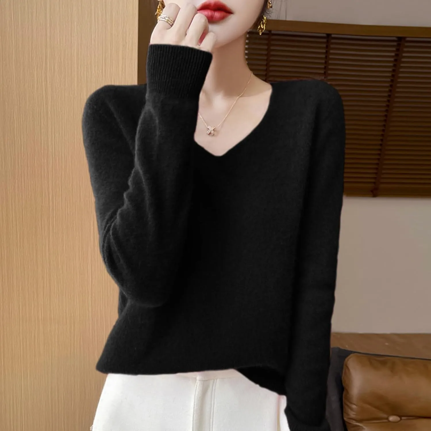 Cashmere Sweaters for Women, 100% Cashmere Soft V Neck Warm Luxurious Lightweight Long Sleeve Pullover Sweater