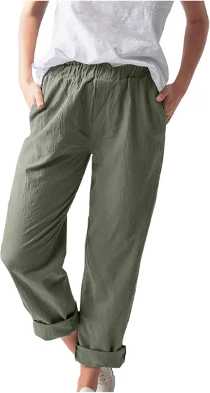 Casual Pants for Women Solid Color Elastic High Wasited Comfy Trousers with Pockets Cotton Linen Drawstring Pants