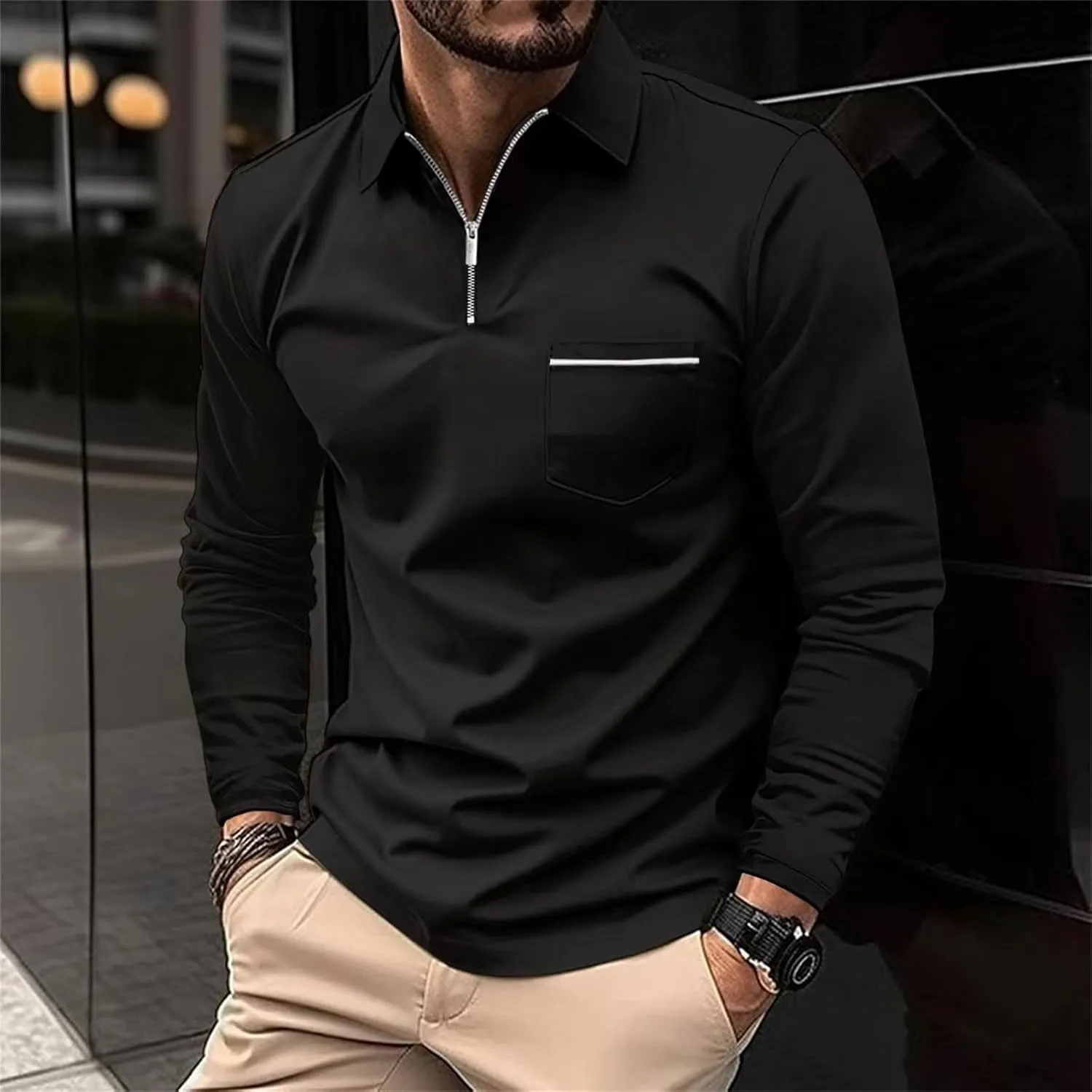 Casual Quarter Zip Up Polo Shirt for Men Business Office Polo Shirt Lightweight Shirt Tops UPF 50  with Pocket