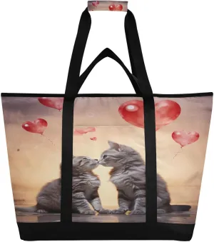 Cat Kiss Heart Tote Bag for Women with Zipper Reusable Grocery Bags Foldable Insulated Cooler Bag Shopping Bags Handbags Totes for Groceries Travel Beach Work Picnic
