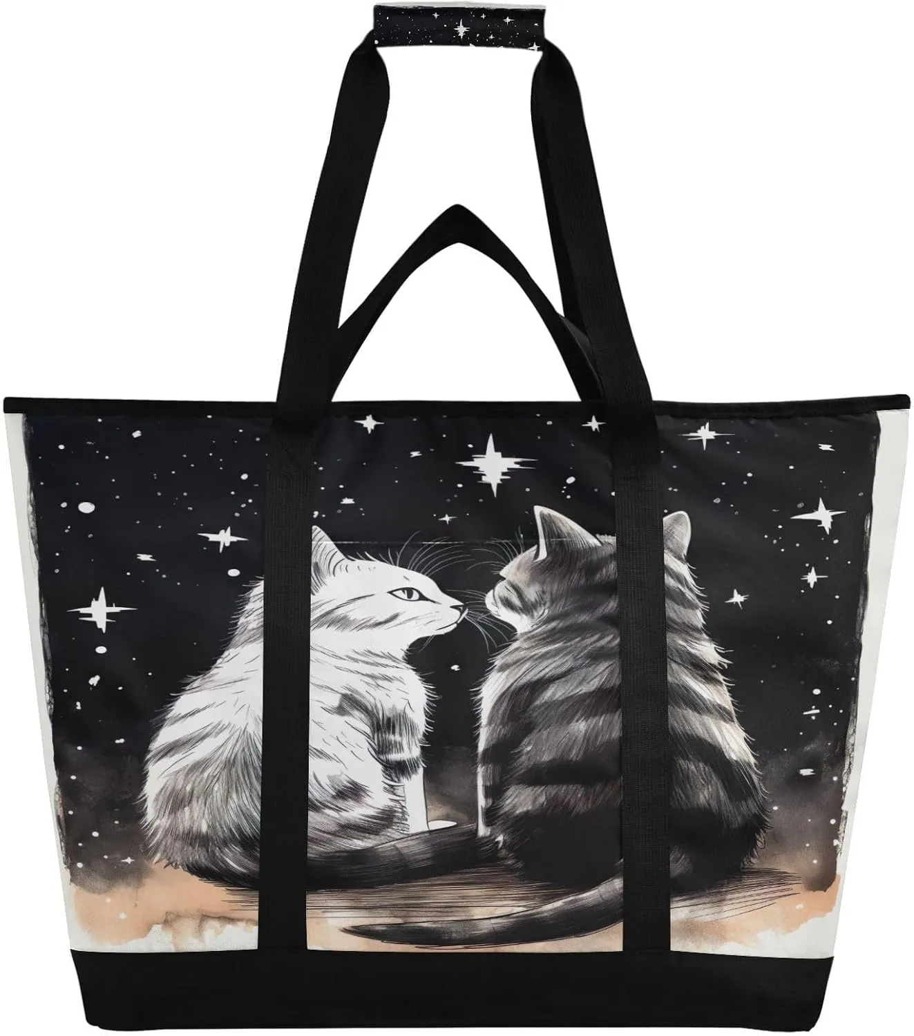 Cats Black Tote Bag for Women with Zipper Reusable Grocery Bags Foldable Insulated Cooler Bag Handbags Totes Shopping Bags for Groceries Picnic Travel Work Beach