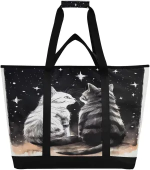 Cats Black Tote Bag for Women with Zipper Reusable Grocery Bags Foldable Insulated Cooler Bag Handbags Totes Shopping Bags for Groceries Picnic Travel Work Beach