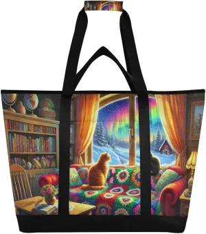 Cats Snow Window Tote Bag for Women with Zipper Reusable Grocery Bags Foldable Insulated Cooler Bag Handbags Totes Shopping Bags for Groceries Travel Beach Work Picnic