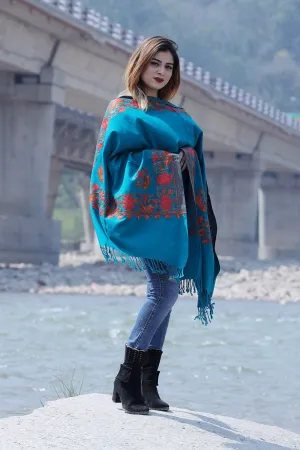 Charismatic Turquoise Blue/Green Colour Stole With Graceful Border Pattern Of Kashmiri Embroidery Makes It An Ideal Wear.