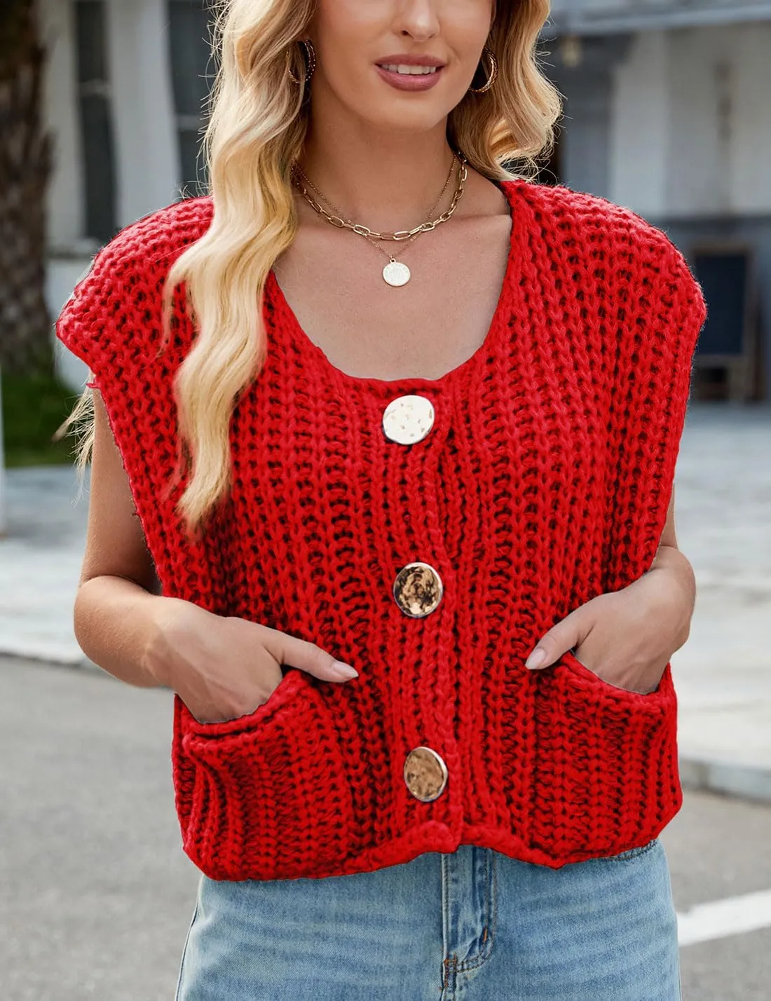 CHARTOU Women Chunky Knit Vest Button Down Sleeveless Sweater Tank Tops Going Out Outfits