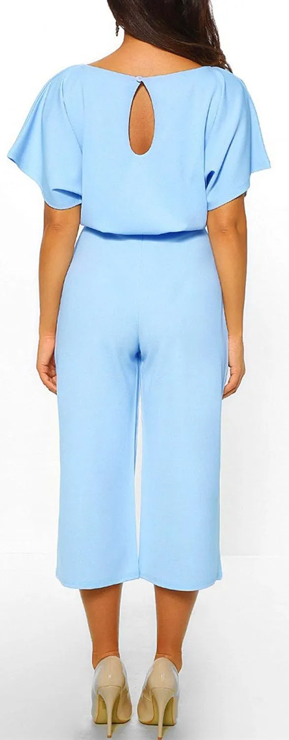 CHARTOU Women's Short Sleeve Bow Tie Wide Leg Cropped Capri Romper Palazzo Pants Jumpsuit