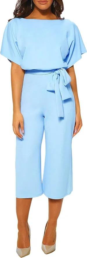 CHARTOU Women's Short Sleeve Bow Tie Wide Leg Cropped Capri Romper Palazzo Pants Jumpsuit