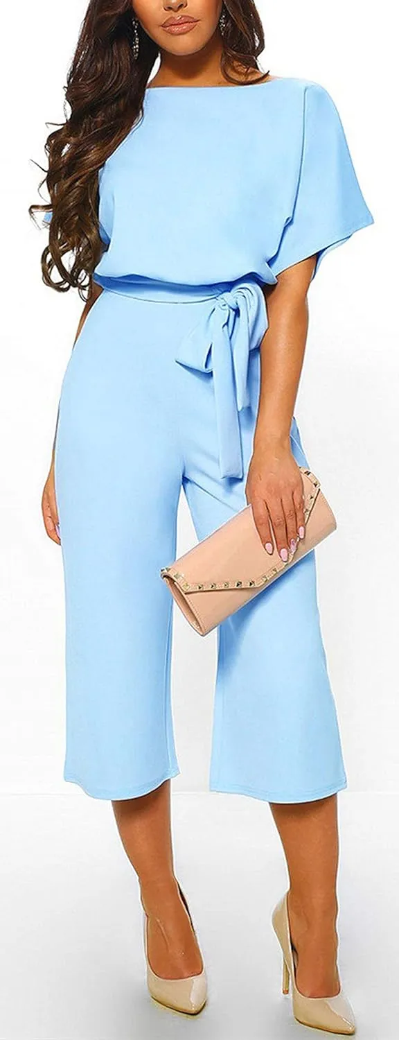 CHARTOU Women's Short Sleeve Bow Tie Wide Leg Cropped Capri Romper Palazzo Pants Jumpsuit