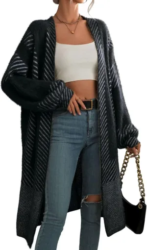 chouyatou Women's Color Block Striped Fuzzy Long Cardigan Sweaters Open Front Diagonal Stripe Knit Cardigan Jacket Coat