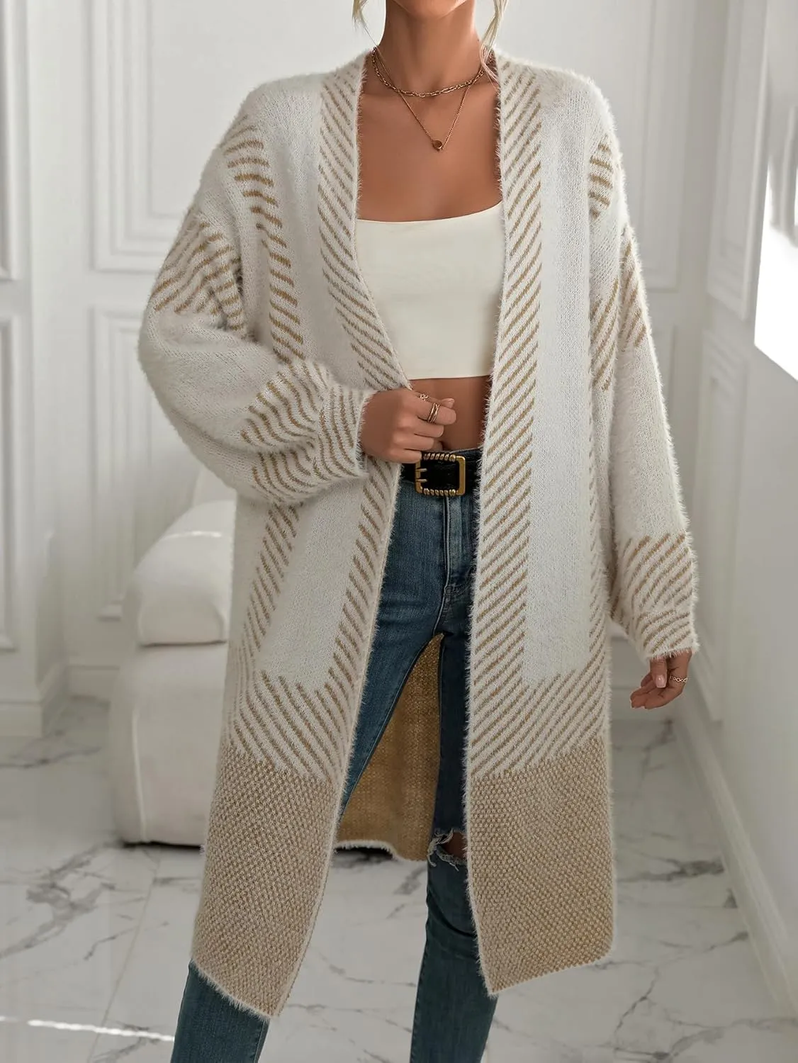 chouyatou Women's Color Block Striped Fuzzy Long Cardigan Sweaters Open Front Diagonal Stripe Knit Cardigan Jacket Coat