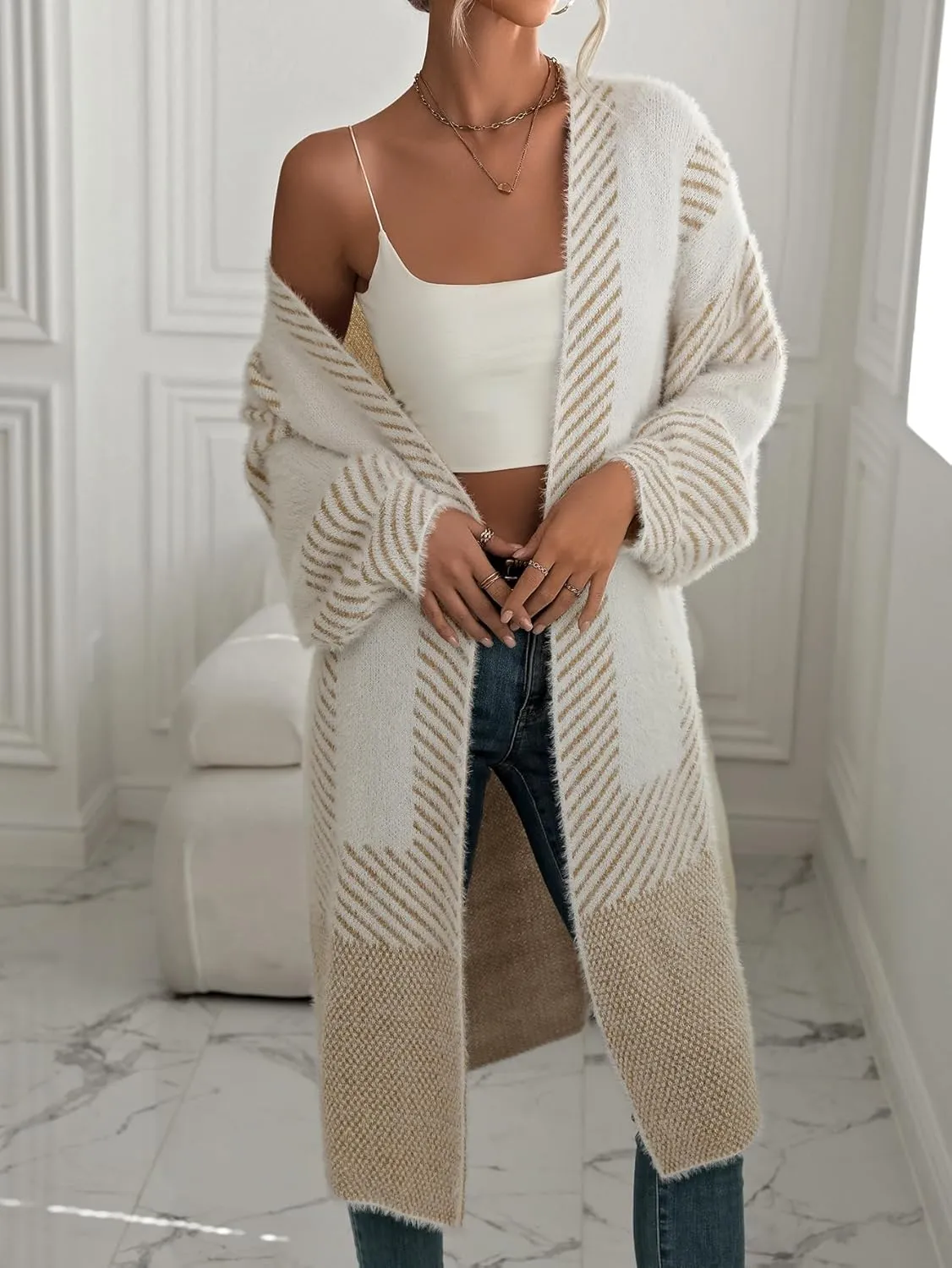 chouyatou Women's Color Block Striped Fuzzy Long Cardigan Sweaters Open Front Diagonal Stripe Knit Cardigan Jacket Coat