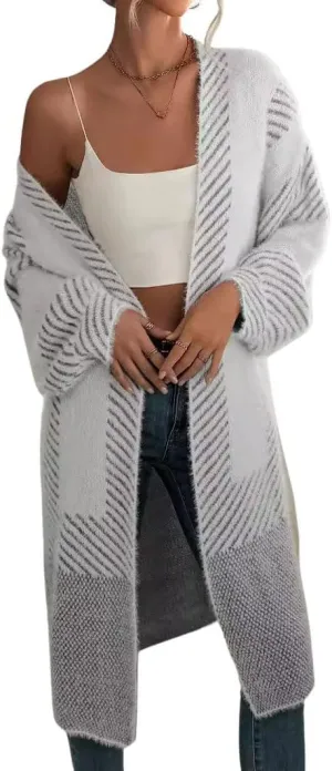 chouyatou Women's Color Block Striped Fuzzy Long Cardigan Sweaters Open Front Diagonal Stripe Knit Cardigan Jacket Coat