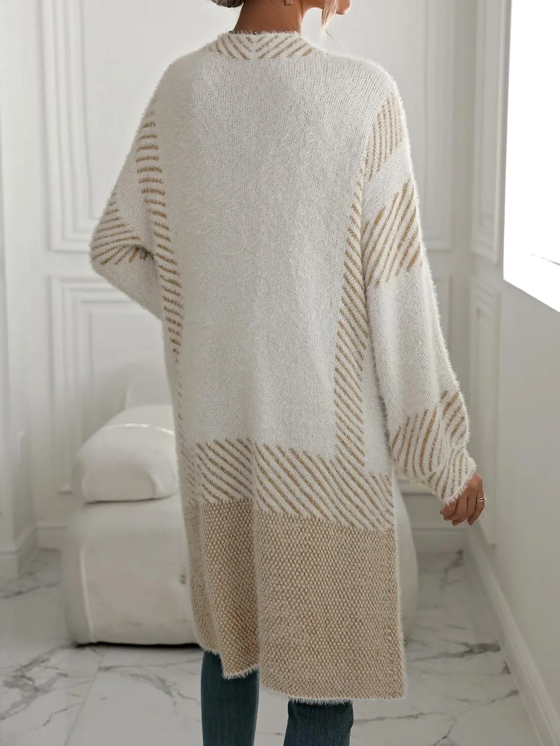 chouyatou Women's Color Block Striped Fuzzy Long Cardigan Sweaters Open Front Diagonal Stripe Knit Cardigan Jacket Coat