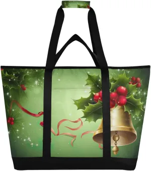 Christmas Bell Tote Bag for Women with Zipper Reusable Grocery Bags Foldable Insulated Cooler Bag Handbags Shopping Bags Totes for Groceries Picnic Travel Beach Work