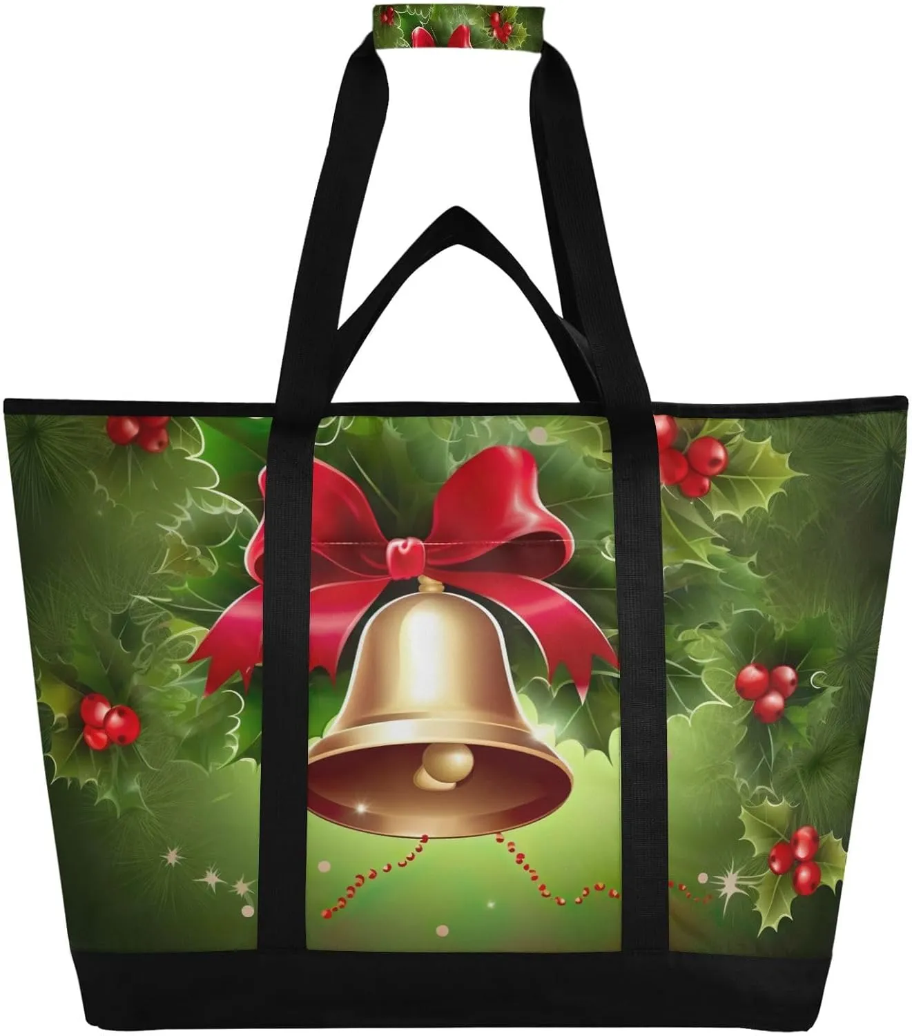 Christmas Bells Tote Bag for Women with Zipper Reusable Grocery Bags Foldable Insulated Cooler Bag Shopping Bags Handbags Totes for Groceries Beach Travel Work Picnic