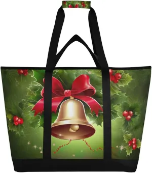 Christmas Bells Tote Bag for Women with Zipper Reusable Grocery Bags Foldable Insulated Cooler Bag Shopping Bags Handbags Totes for Groceries Beach Travel Work Picnic