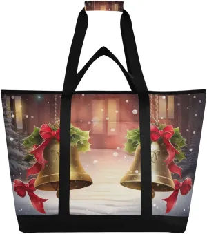Christmas Bells Tote Bag for Women with Zipper Reusable Grocery Bags Foldable Insulated Cooler Bag Shopping Bags Totes Handbags for Groceries Travel Picnic Beach Work