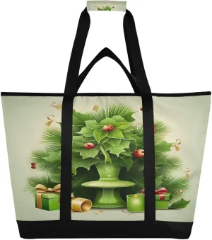 Christmas Tree Tote Bag for Women with Zipper Reusable Grocery Bags Foldable Insulated Cooler Bag Handbags Shopping Bags Totes for Groceries Picnic Travel Work Beach