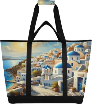 Church Ocean Blue Tote Bag for Women with Zipper Reusable Grocery Bags Foldable Insulated Cooler Bag Totes Shopping Bags Handbags for Groceries Travel Picnic Beach Work