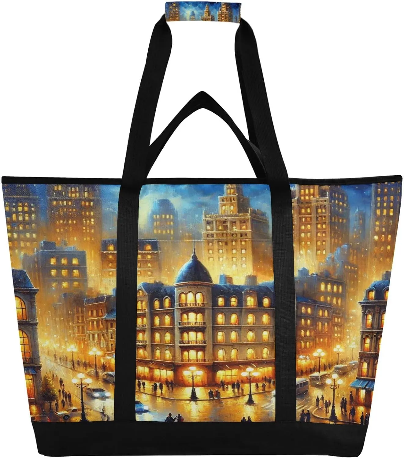 City Night Cars Tote Bag for Women with Zipper Reusable Grocery Bags Foldable Insulated Cooler Bag Totes Shopping Bags Handbags for Groceries Travel Picnic Beach Work