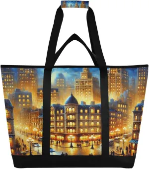 City Night Cars Tote Bag for Women with Zipper Reusable Grocery Bags Foldable Insulated Cooler Bag Totes Shopping Bags Handbags for Groceries Travel Picnic Beach Work
