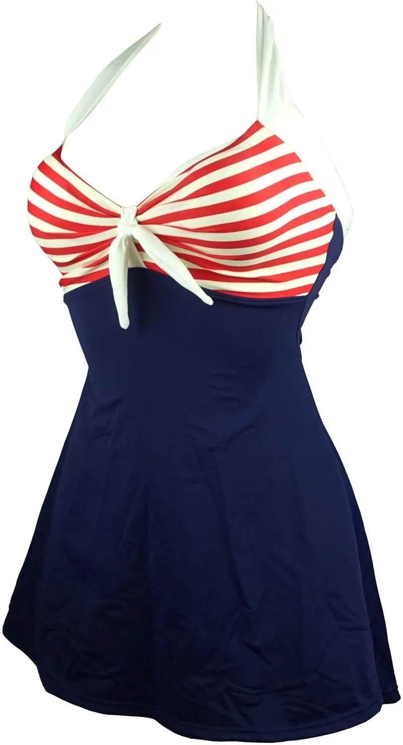 COCOSHIP Vintage Sailor Pin Up Swimsuit Retro One Piece Skirtini Cover Up Swimdress(FBA)